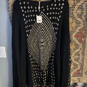 Free People Black and Gold Geometric Patterned Cape Top